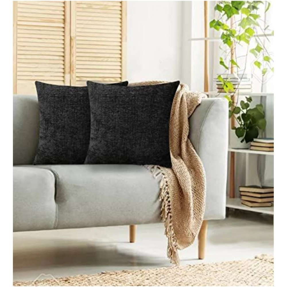 Generic Pack Of_2 Chenille Checkered Cushion Covers (Black, Size: 18x18 In) - Image 3