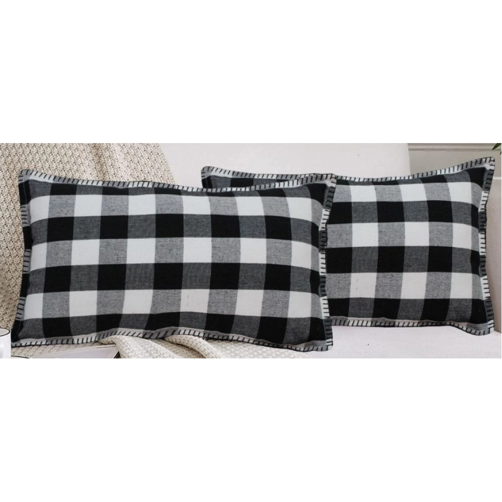 Generic Pack Of_2 Cotton Checkered Cushion Cover With Blanket Stitch (Black, Size: 12x20 In) - Image 4