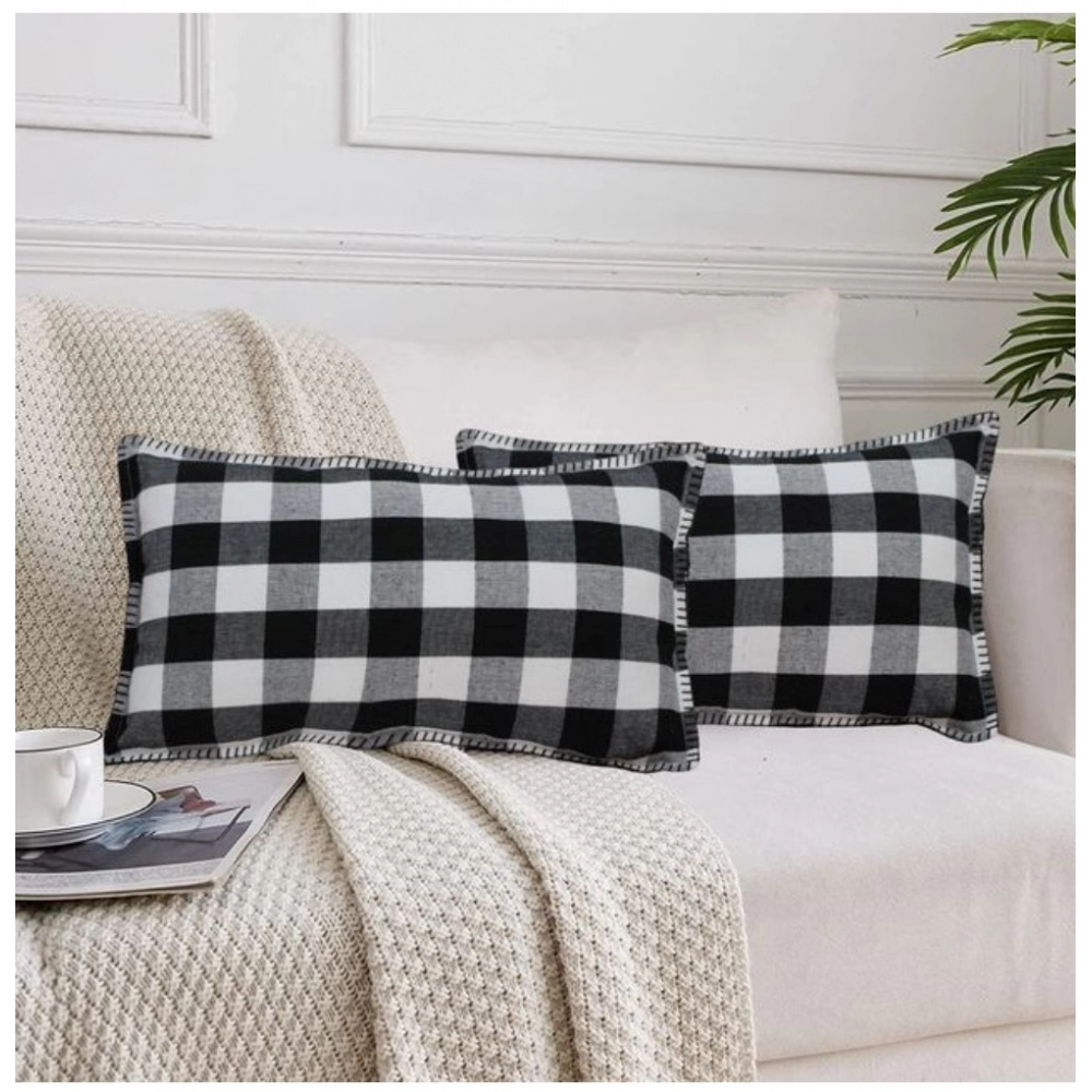 Generic Pack Of_2 Cotton Checkered Cushion Cover With Blanket Stitch (Black, Size: 12x20 In)