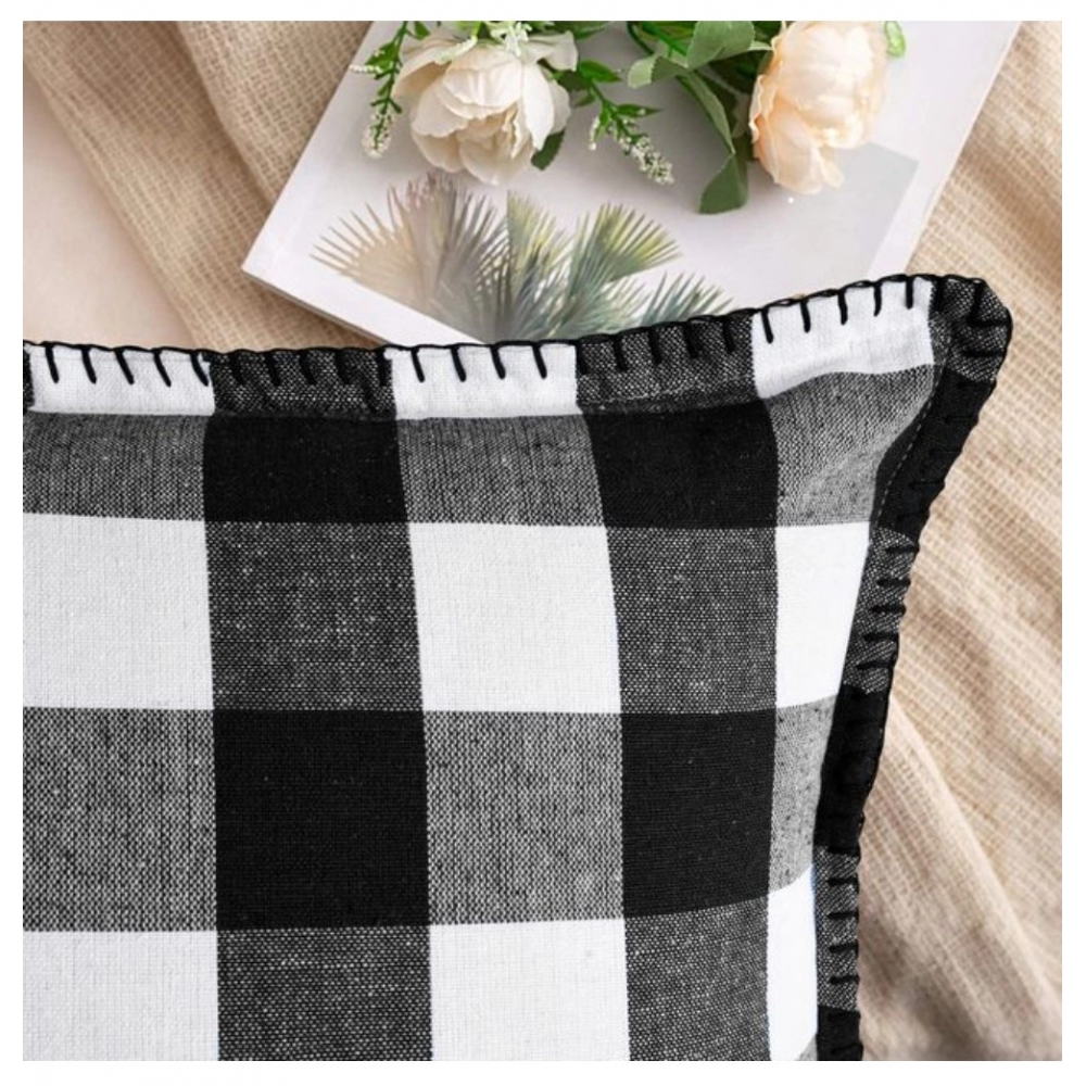 Generic Pack Of_2 Cotton Checkered Cushion Cover With Blanket Stitch (Black, Size: 12x20 In) - Image 3