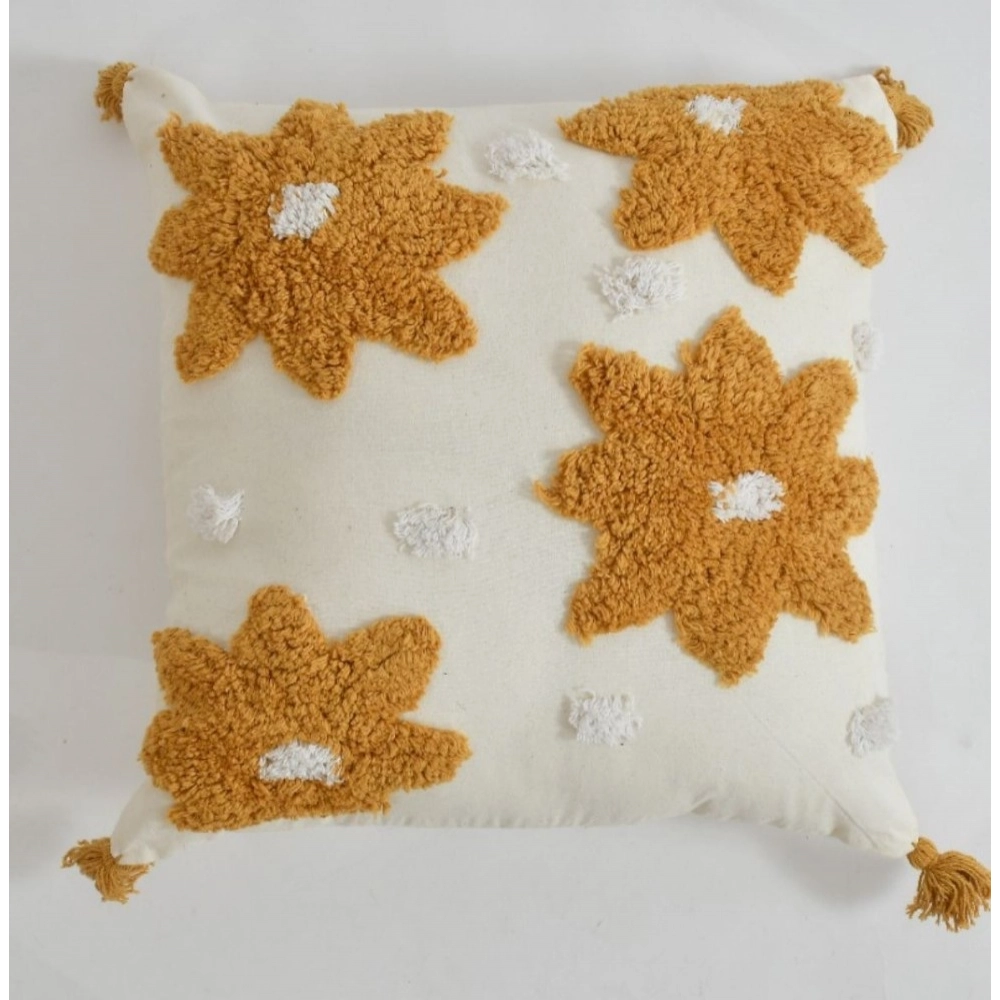 Generic Cotton Flower Tufted Cushion Pillow Cover 16x16 Inch Pack of 2 (Yellow) - Image 3